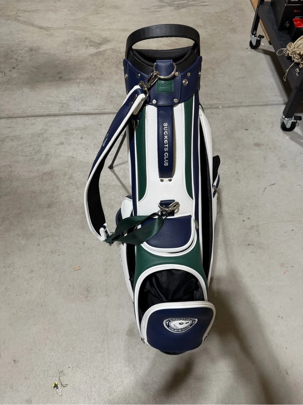 Malbon Golf Buckets Club Stand Bag Green Navy White + Rain Cover